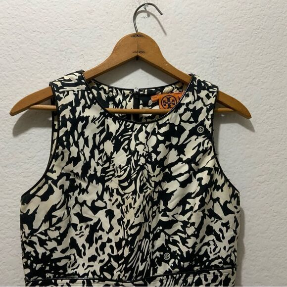 Tory Burch Black/off white Cotton/Silk Leather Trim Dress Sz 6 - Picture 3 of 9